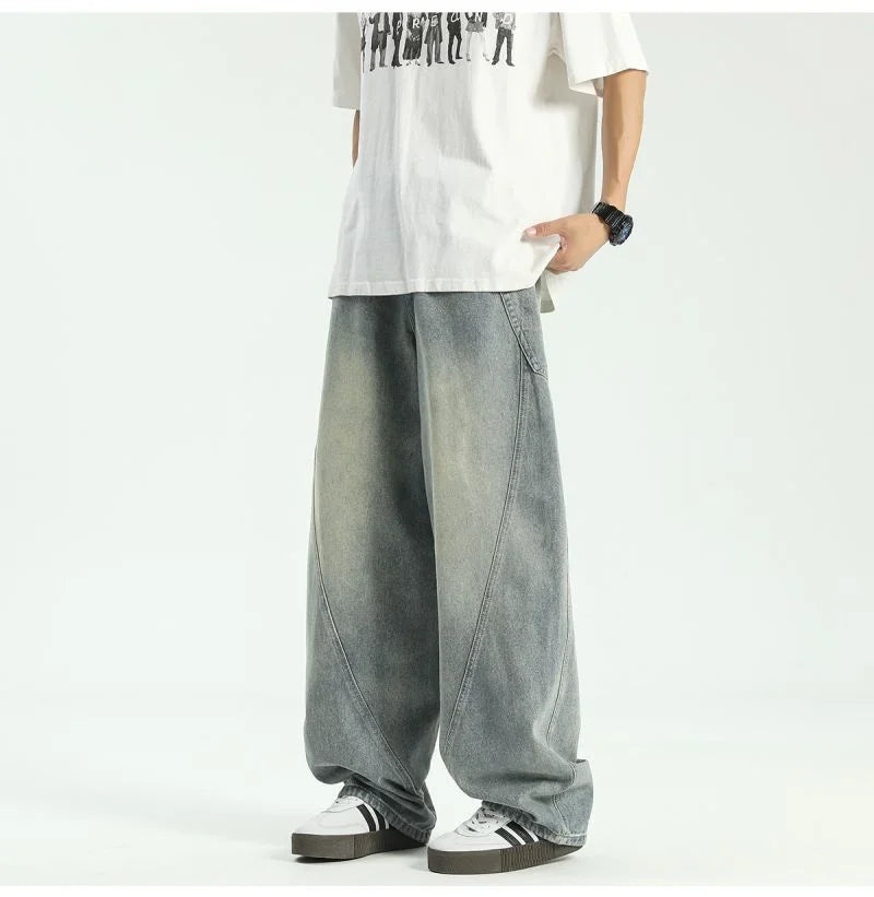 New Vintage Men‘s Patchwork Baggy Jeans Draped Straight-leg Denim Trousers Autumn Korean Fashion High Street Casual Y2K Jean