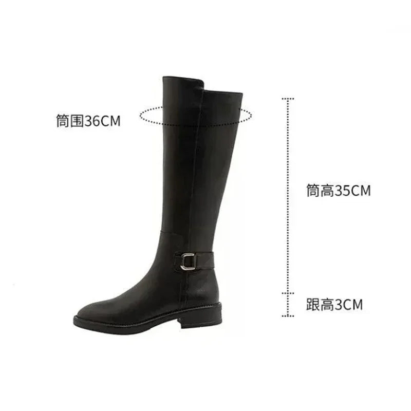 New Pu Leather Knee Boots Shoes for Women Buckle Metal Decoration Fashion Outdoor Ladies Footwear Size 34-41 Long Black Botas