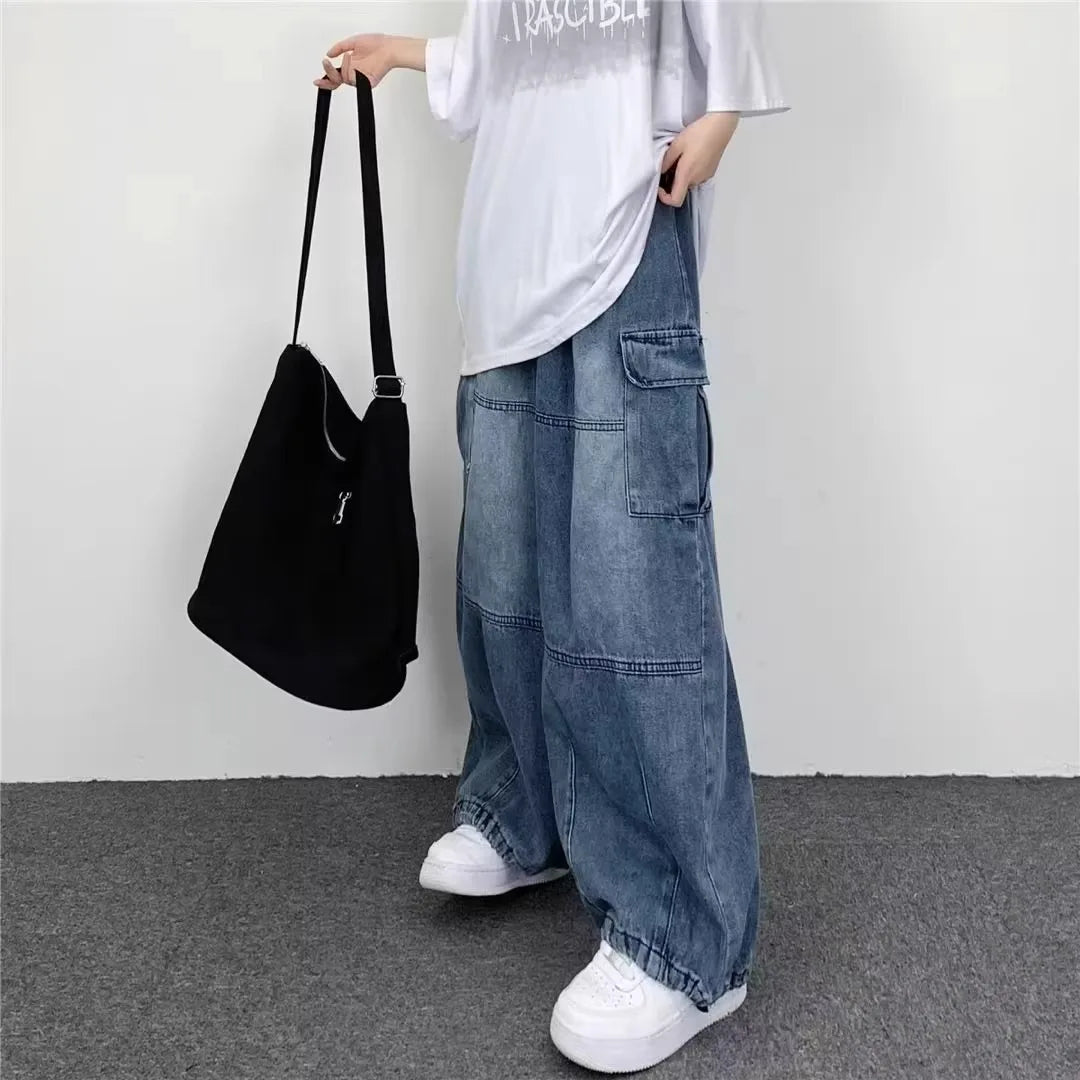 Men Denim Jeans Wide Leg Pants Cargo Long Pant Splice High Waist Loose Casual Button Pocket Straight Trousers Autumn Winter