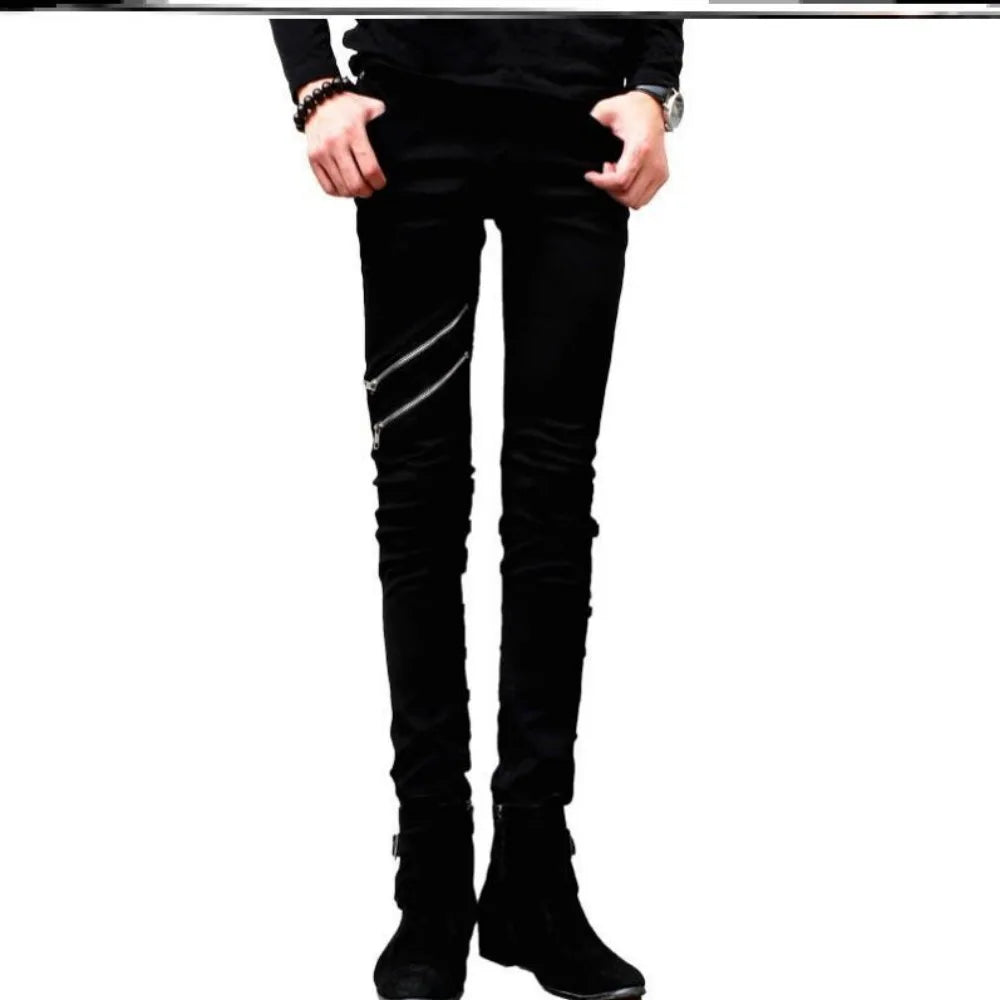 Pantalones vaqueros casuales con cremallera de diseñador para hombre, pantalones vaqueros de mezclilla, primavera y otoño 2024, nuevos pantalones de tubo elásticos negros ajustados de moda coreana para hombre