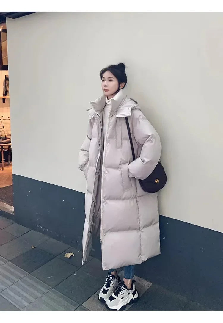 New Winter 2024 Women's Long Jacket Jacket Thickened Korean Loose Stylish Windproof Warm Hooded Down Cotton Jacket Coat