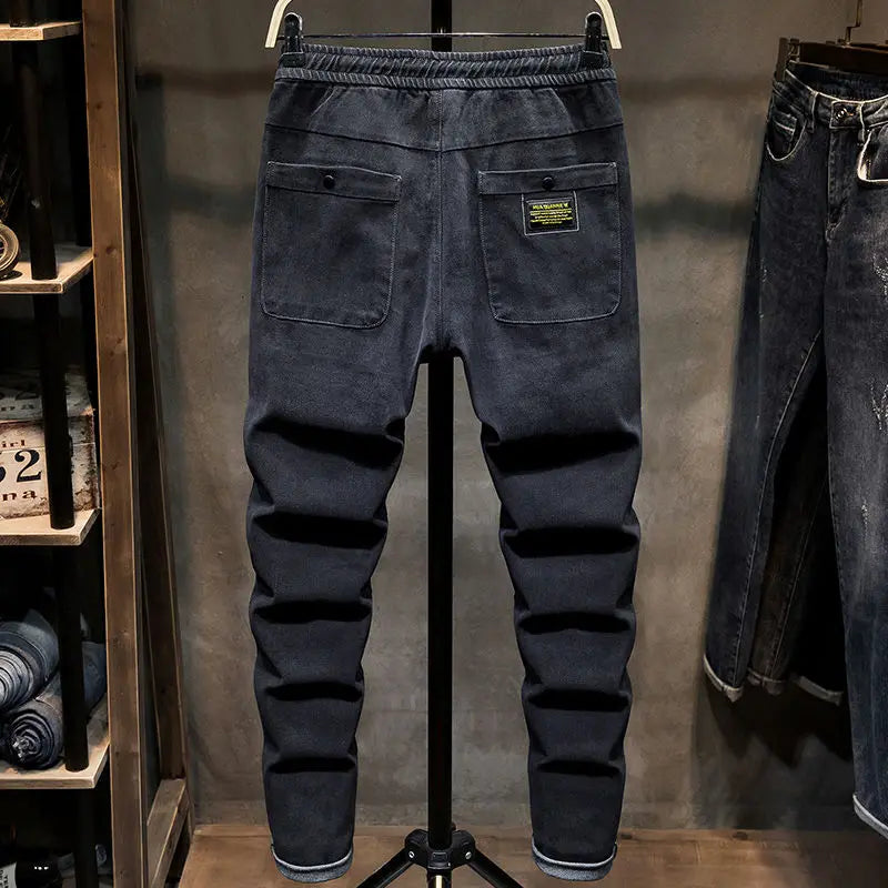 Spring Autumn 2022 New Drawstring Elastic Waist Denim Jeans Men's Slim Feet Pants Korean Fashion Casual Pants Harem Baggy Jeans