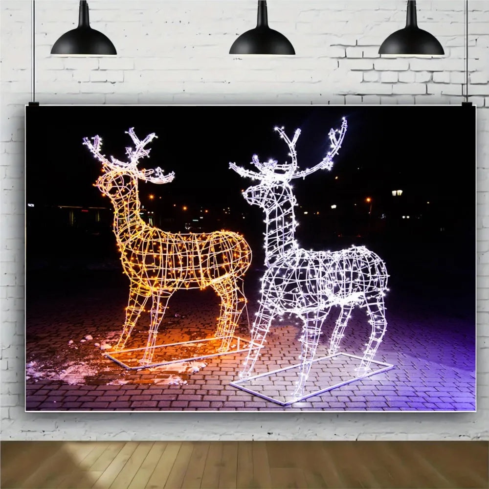 Christmas Reindeer Sleigh Painting Banner Night Elk Lights Christmas Party Photo Home Decoration Photography Background Studio