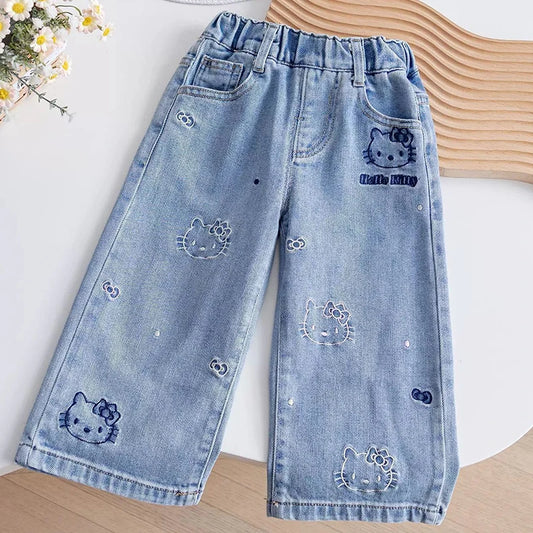 Sanrio Kids Jeans Hello Kitty Elastic Waist Jeans for Toddlers Boys Girls Print Cartoon Denim Pants Durable Reinforced Knees