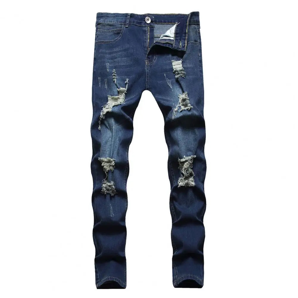 Pantalones vaqueros ajustados para hombre, elásticos, pintados, ajustados, rotos, desgastados, plisados, con parches en las rodillas, pantalones vaqueros casuales de marca para hombre