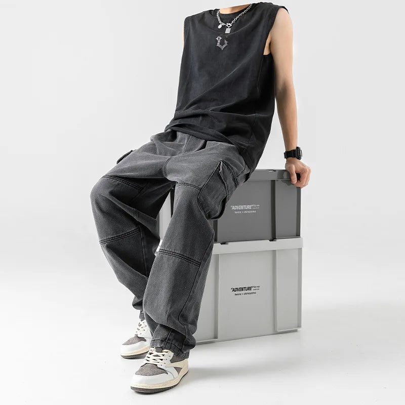 Korean men clothing Japanese style three-dimensional pocket jeans spring new retro vintage washed water workwear men's pants