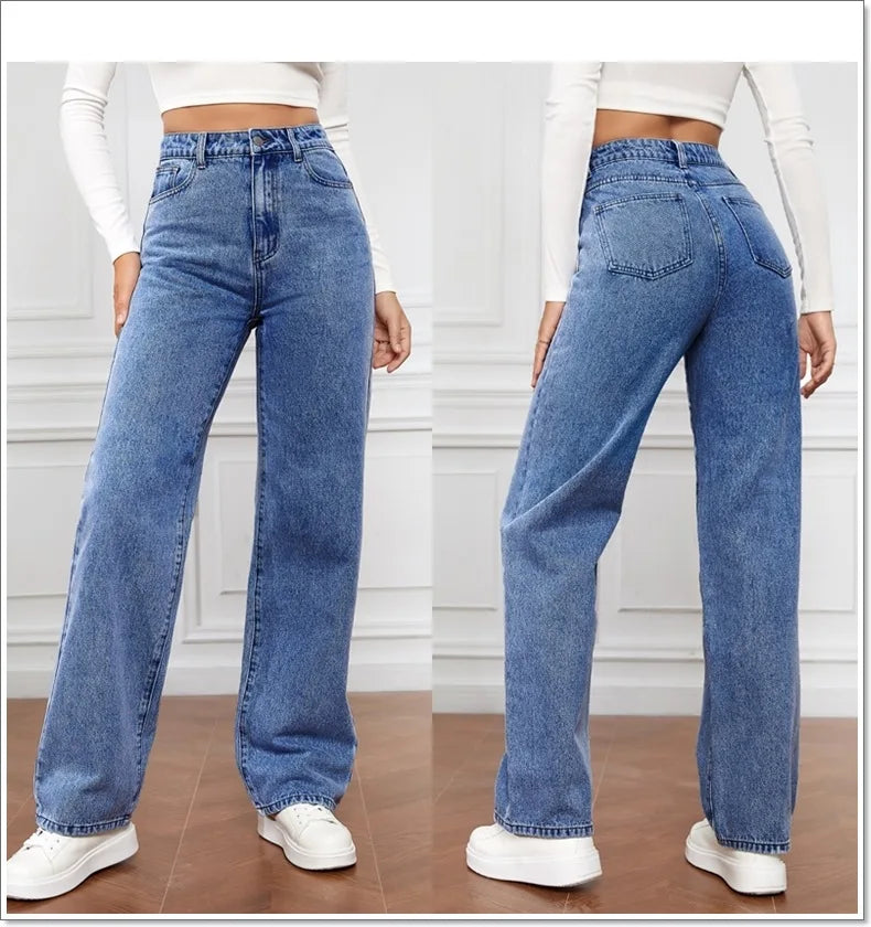 Pantalones vaqueros rectos para mujer, lavados, cintura alta, holgados, bolsillos, básicos, hasta el tobillo, color liso, ligeramente elásticos.