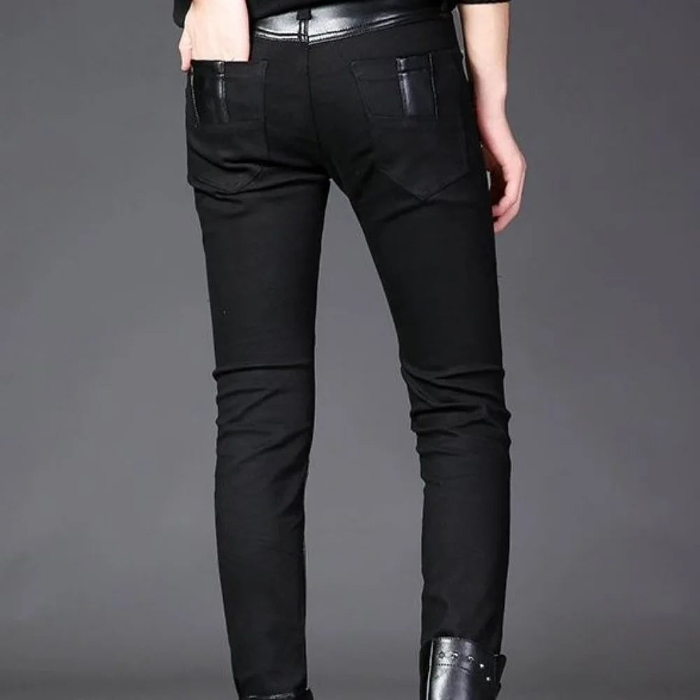 Luxury Men's Jeans Korean Style Slim Jeans for Men New Casual Black with PU Leather Splice and Zipper Desinger Nightclub Pants