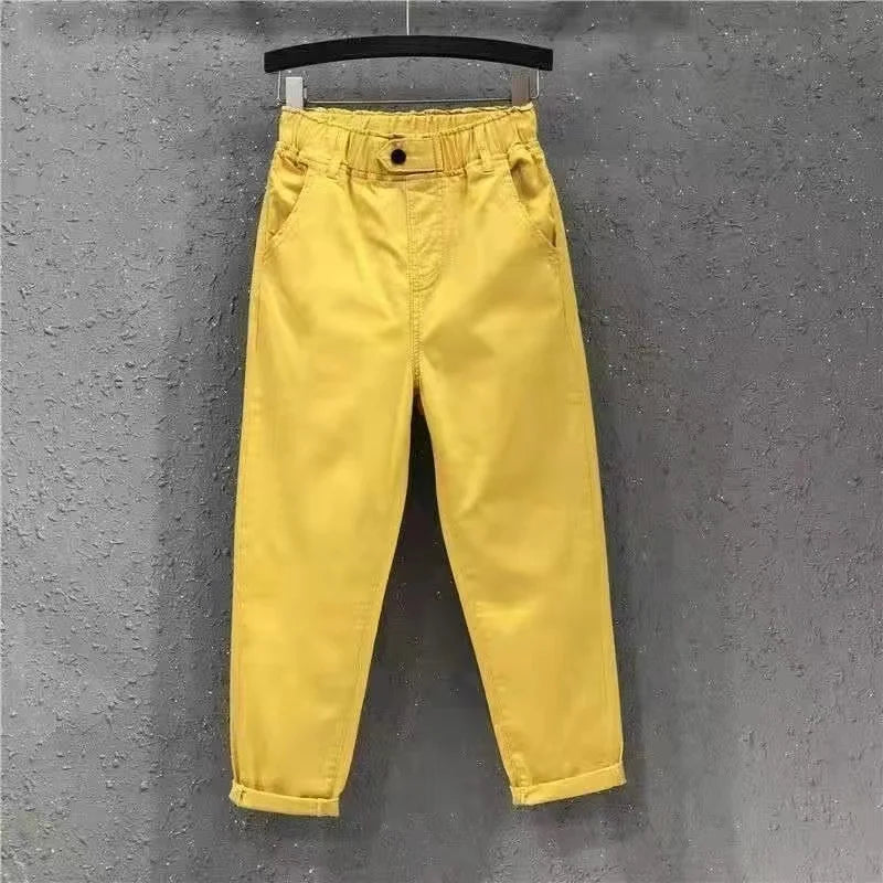 2025 Fashion Summer Women Harem Pants All-matched Casual Cotton Denim Pants Elastic Waist Solid Yellow White Jeans Female 3XL