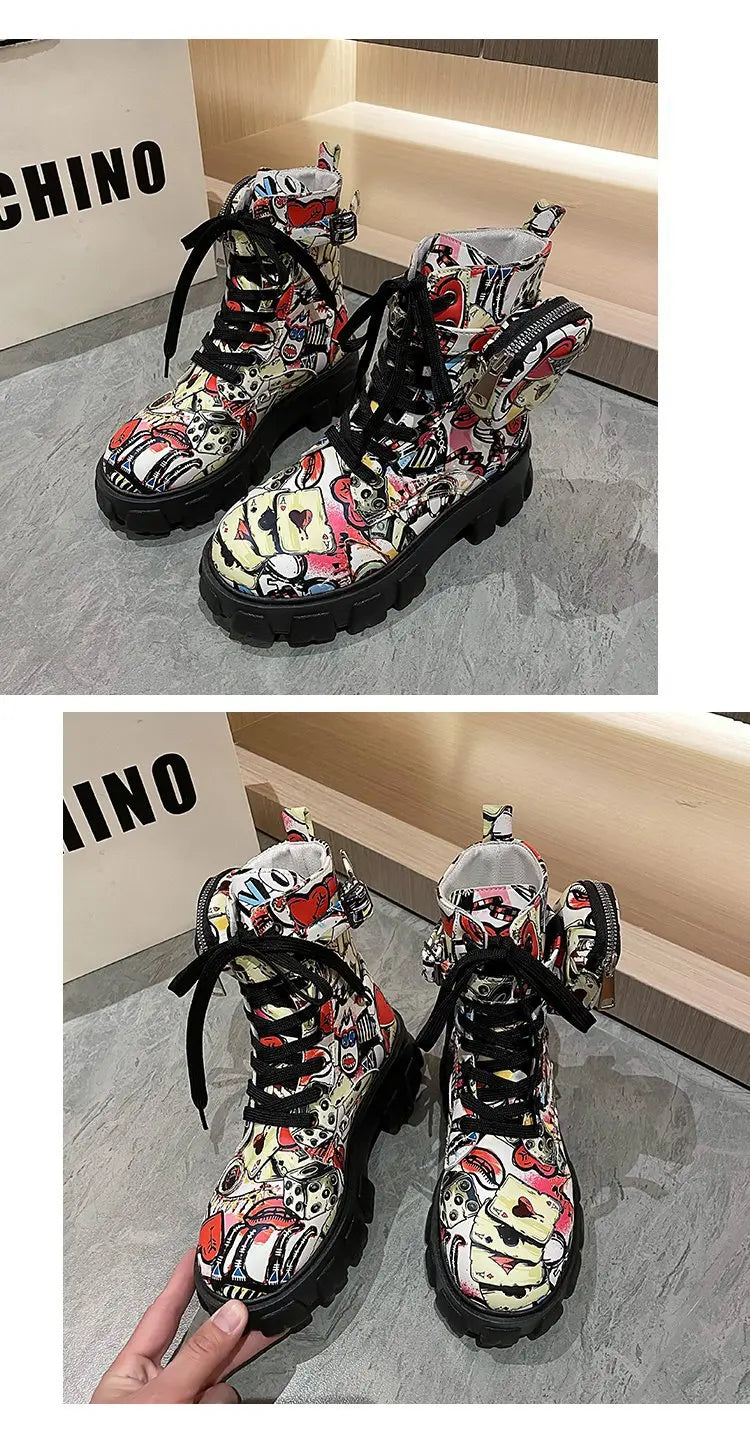 Thick-soled Women's Ankle Boots Fashion Printed Women Shoes High Quality Non-slip Motorcycle Boots New Gothic Style Women Boots