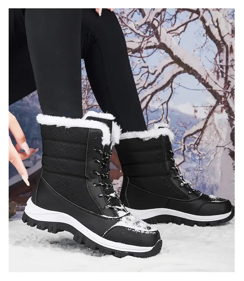 Winter Women's Waterproof High Heel Boots Strap Up Flat Heel Boots Warm Snow Shoes, Plush Outdoor Fashion Casual Boots