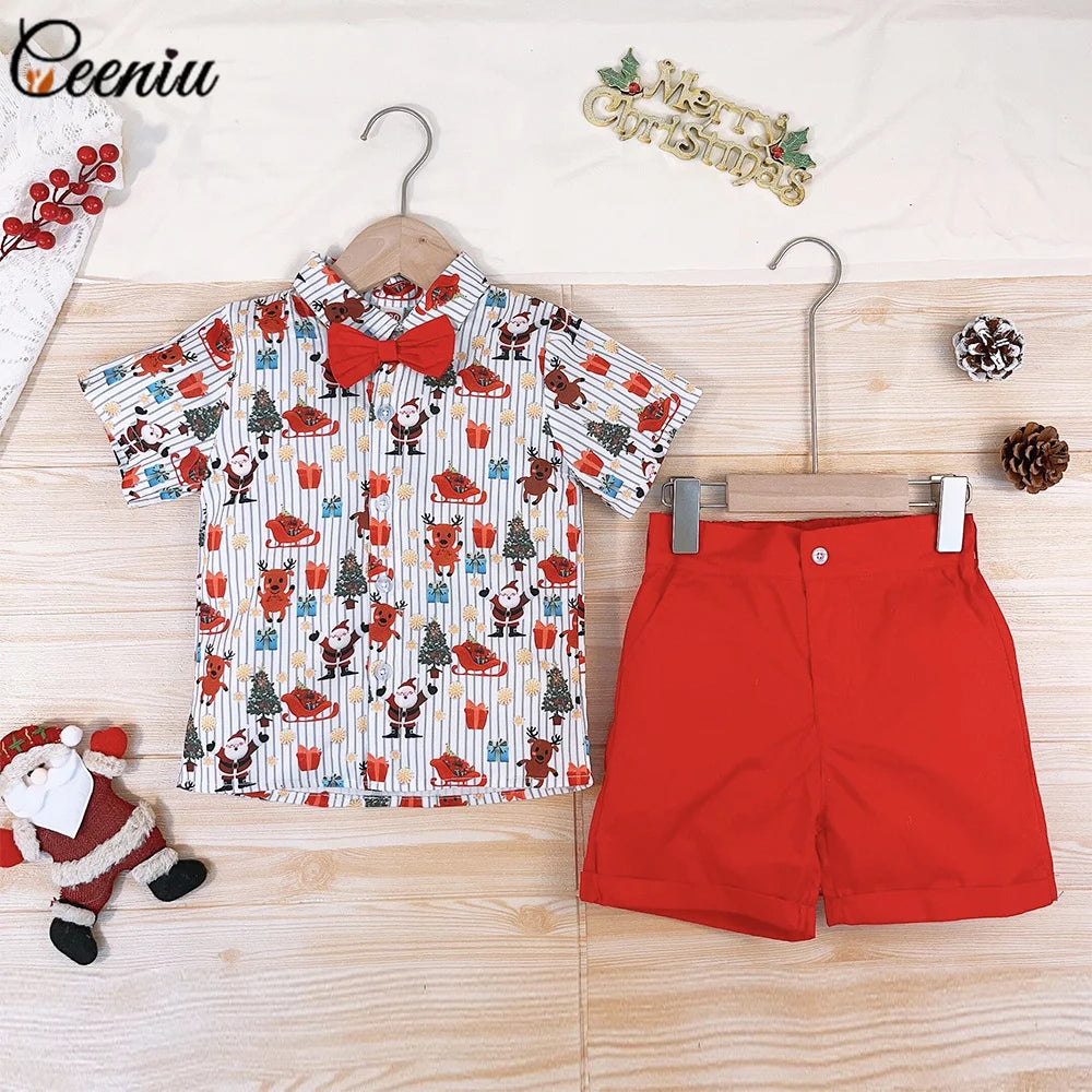 Ceeniu 1-5Y New Year Costume For Boy Christmas Outfit Santa Deer Printed Necktie Shirts and Red Pants Children Christmas Clothes