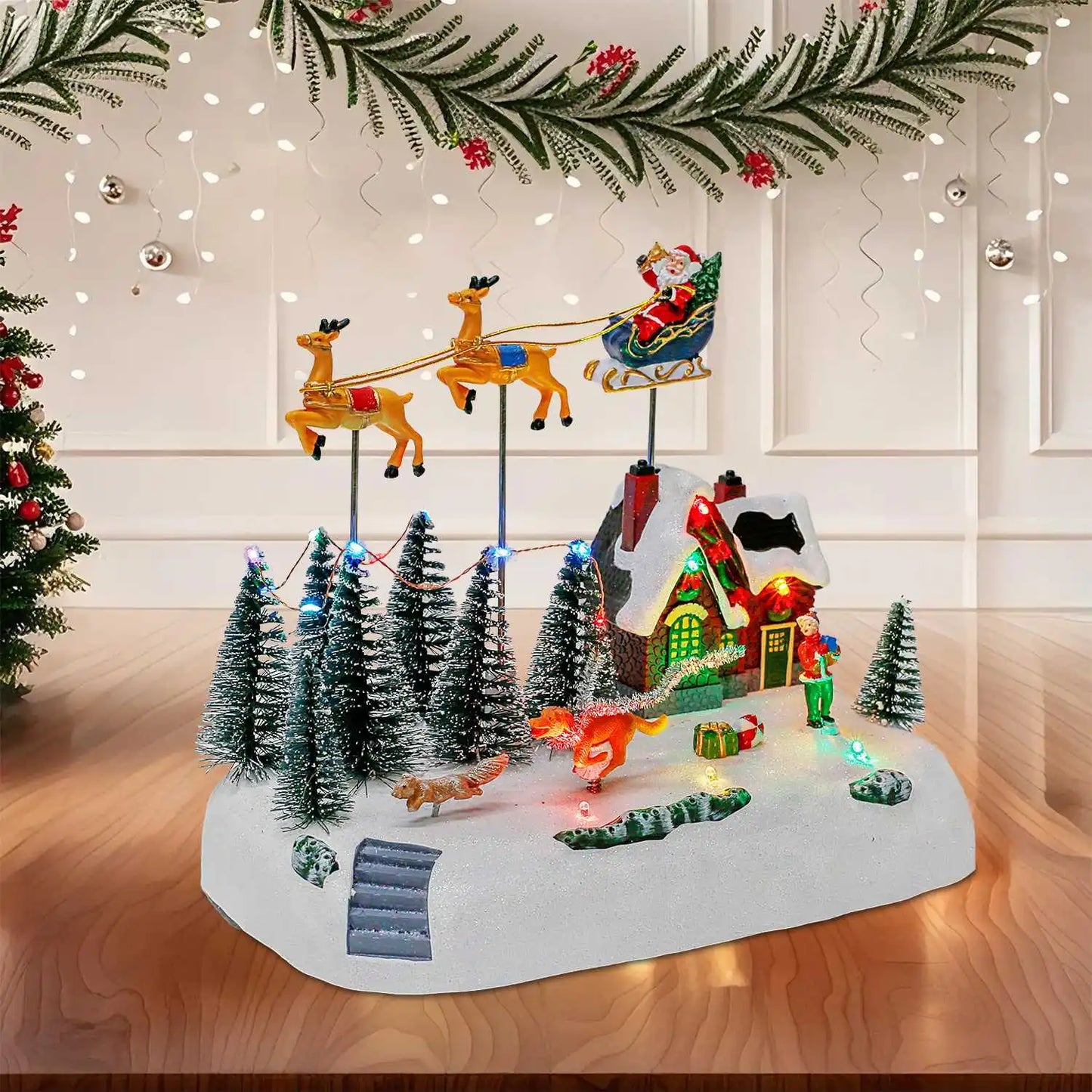 Animated Santa Sleigh Christmas Village Decoration Music Light-Up Building Accessories Snots on the Run Figurine for Indoor Use