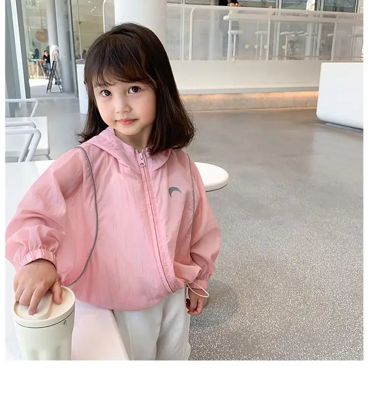 Summer Casual Lightweight Kids Sun Outfit Tops Baby Girls Loose Drawstring Hooded Zip Moon Coats Children Jackets 1-10 Years