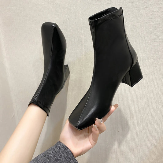 Casual Women's Thick Heel Medium Heel Boots Women's New Winter Square Toe Back Zipper Heightening Short Boots