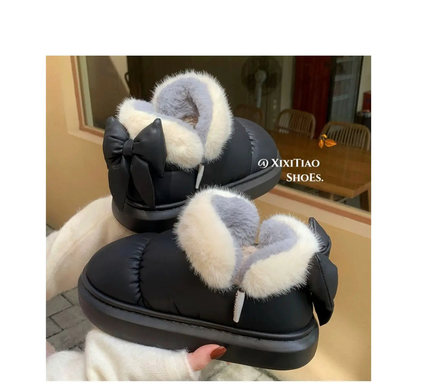 Bow Knot Short Ankle Snow Boots Women Winter Plush And Thick Insulation Waterproof PU Cotton Household Shoes Home Slipper Women