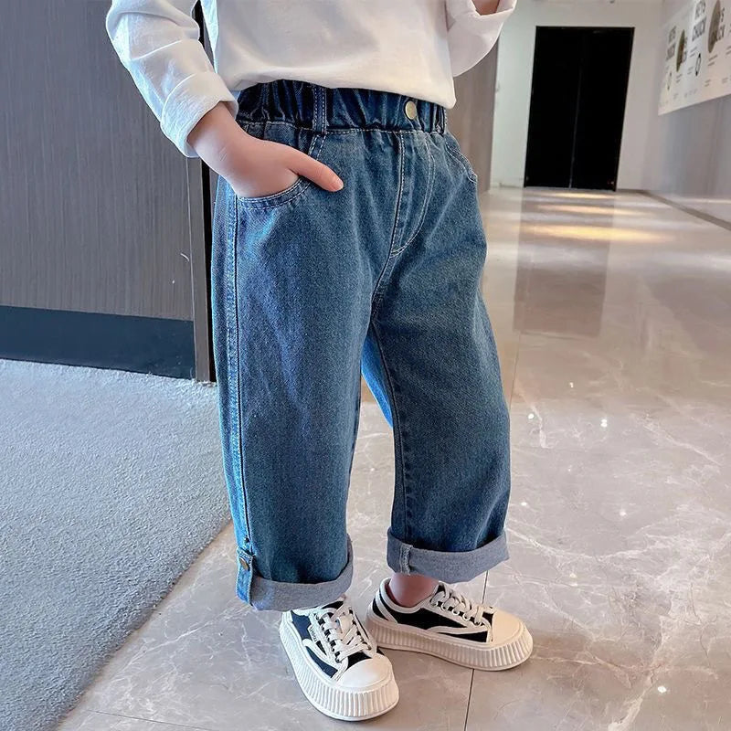 2025 New Autumn Girls Jeans 2-7T Kids Straight Trousers Pants Hem Closure Button Trendy Boys Loose denim Pants