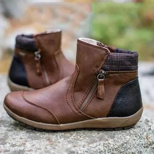 Botas cortas de invierno de moda retro de cuero con parches, cómodas, de suela plana con cremallera, zapatos de mujer de talla grande