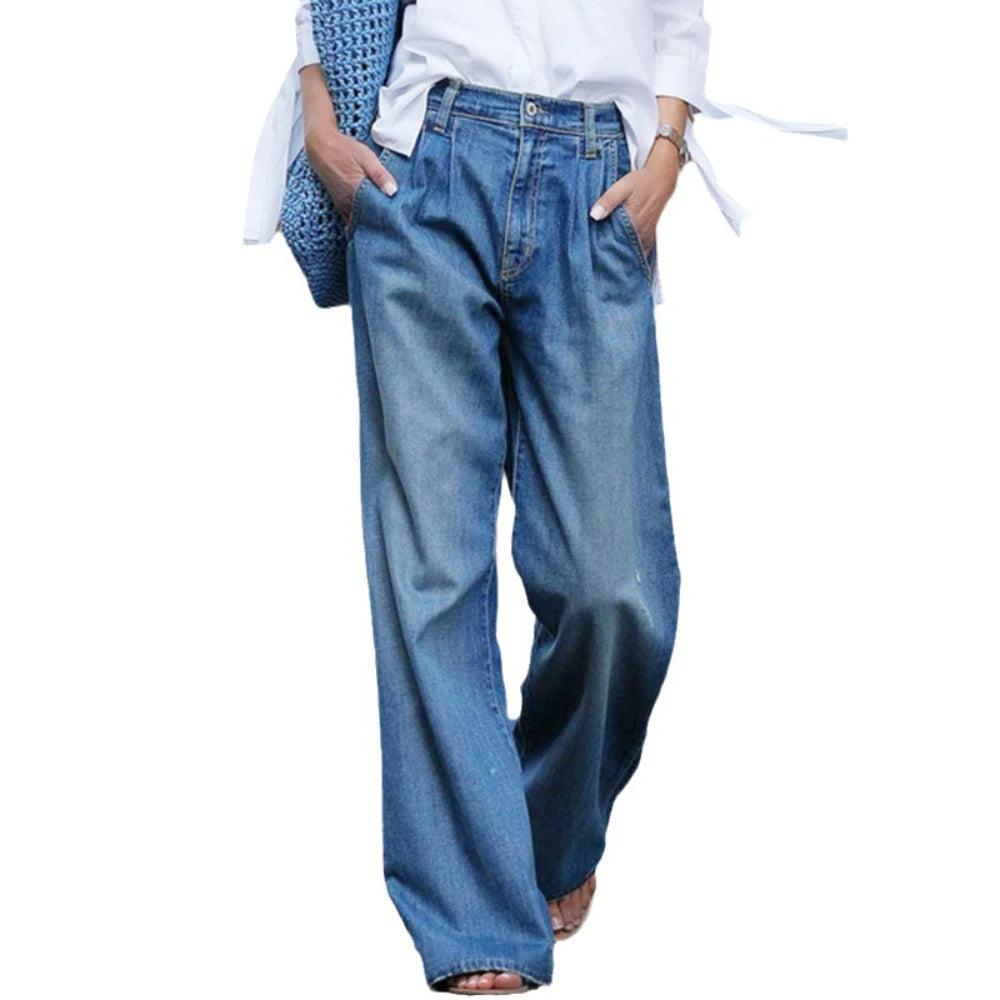 Pantalones vaqueros desgastados de pierna ancha para mujer, de mezclilla, sueltos, de cintura alta, con bolsillos, lavados, con cremallera, bragueta, primavera 2024, color liso, largo completo