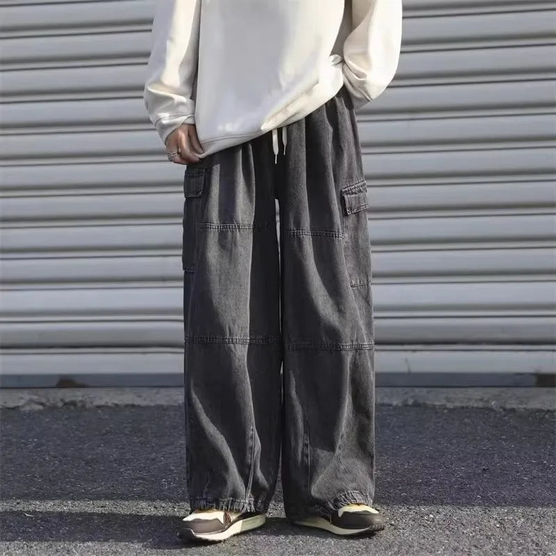 Men Denim Jeans Wide Leg Pants Cargo Long Pant Splice High Waist Loose Casual Button Pocket Straight Trousers Autumn Winter