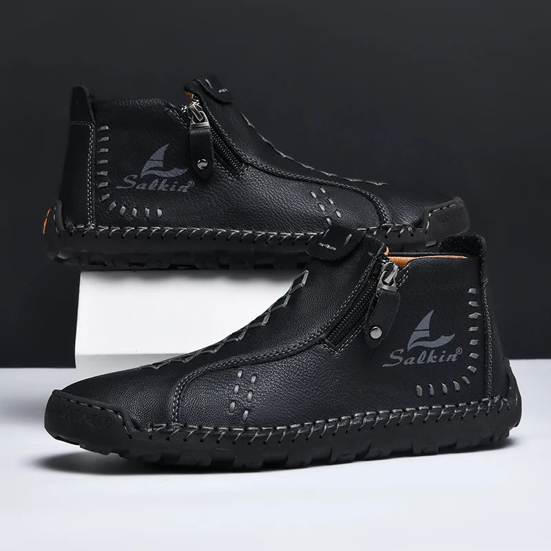 Nuevas botas de invierno hechas a mano en piel para hombre, con diseño de cremallera, transpirables, informales, de piel, botines para hombre, para exteriores