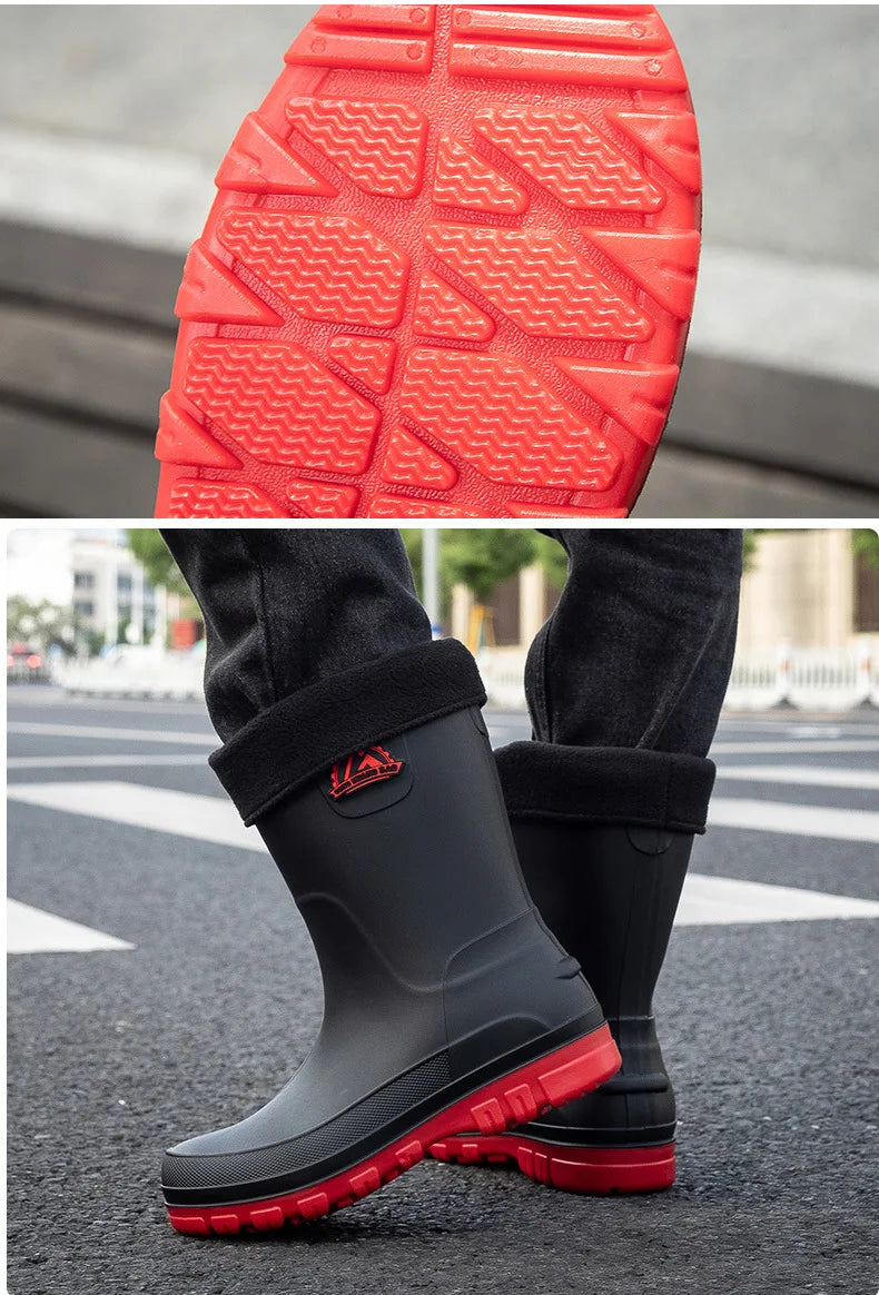 Bottes de pluie décontractées pour hommes, imperméables et antidérapantes, tige mi-haute, chaussures de travail tendance en caoutchouc (prendre une pointure au-dessus pour les modèles en coton)
