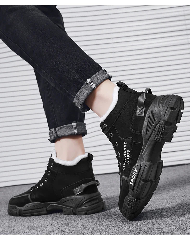 Botas nuevas para hombre, de invierno, de felpa, para la nieve, estilo casual, para exteriores, con cordones, cálidas, antideslizantes, hasta el tobillo.