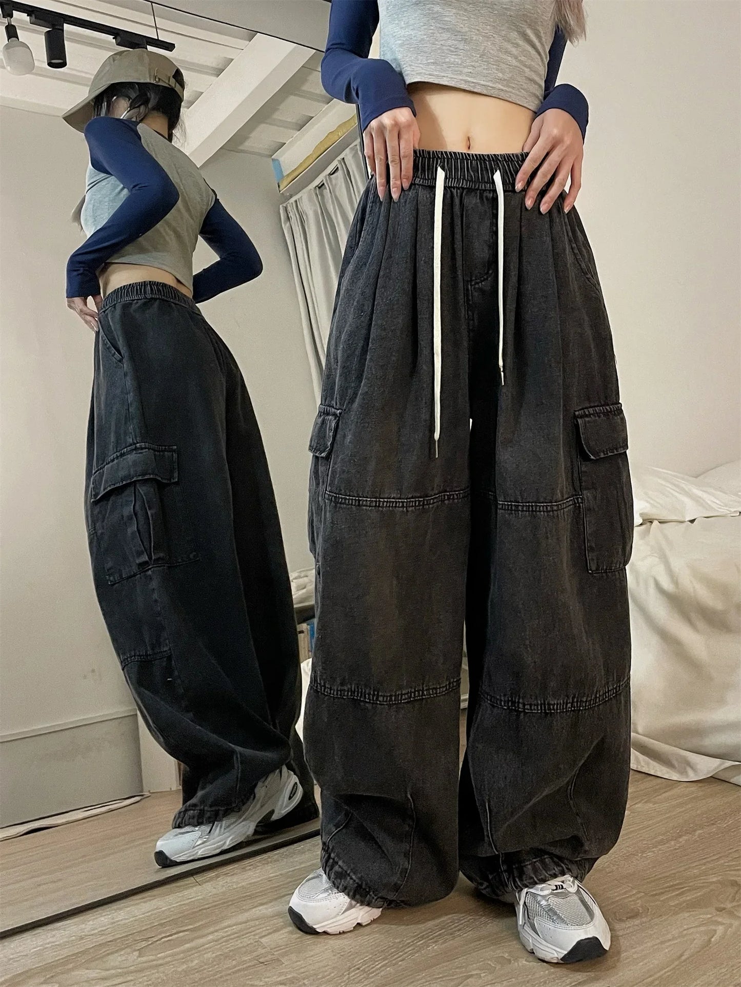 Vintage Blue Cargo Jeans Women Baggy Denim Pants Oversized Y2K Grunge Hip Hop Streetwear Harajuku Casual Wide Leg Trousers