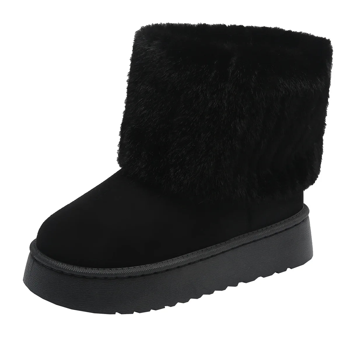 Shoes for Women Winter Slip on Women's Boots Black Round Toe Solid Flock Plush Warm Mid Heel Water Proof Casual Snow Boots Women