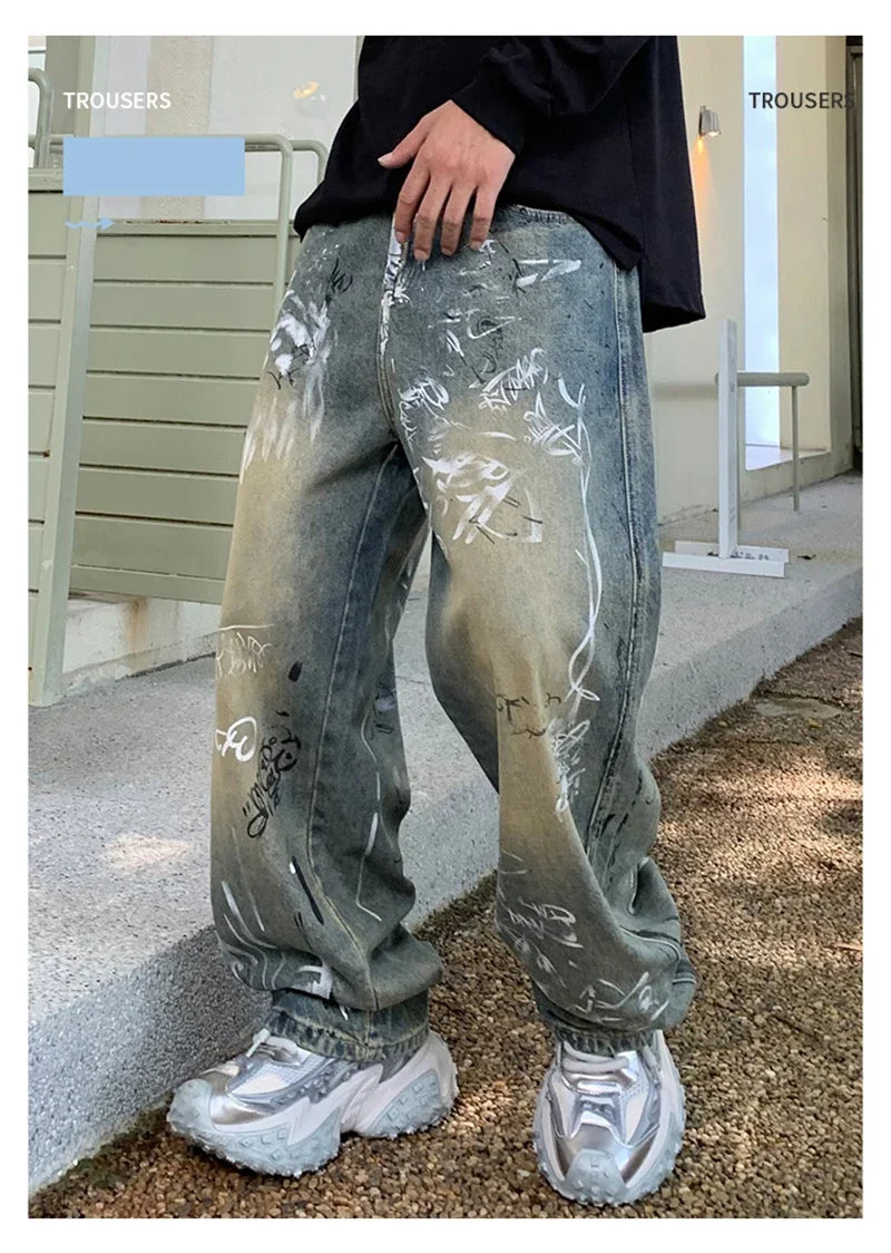 New Graffiti Printed Baggy Jeans For Men Y2K Vintage Distressed Blue Harajuku Denim Pants High Street Straight-leg Jean Trousers