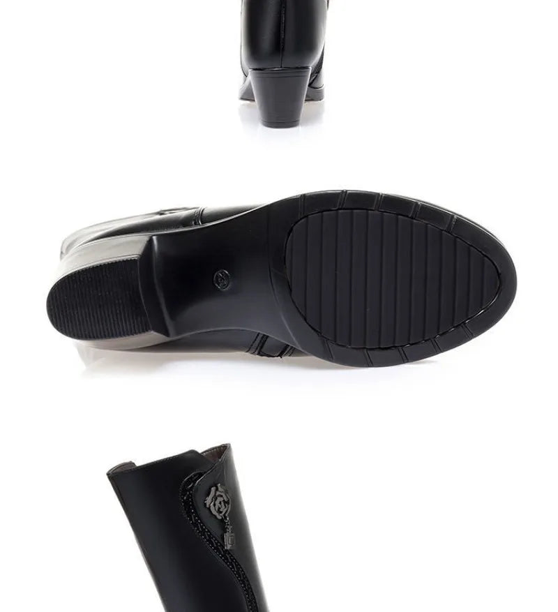 Winter Women's Boots Plush Warm Snow Boots Fashion Mid-calf High Heel Boots for Women High-quality Leather Boot Botas Mujer