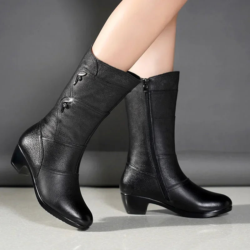 Winter Women's Boots Plush Warm Snow Boots Fashion Mid-calf High Heel Boots for Women High-quality Leather Boot Botas Mujer