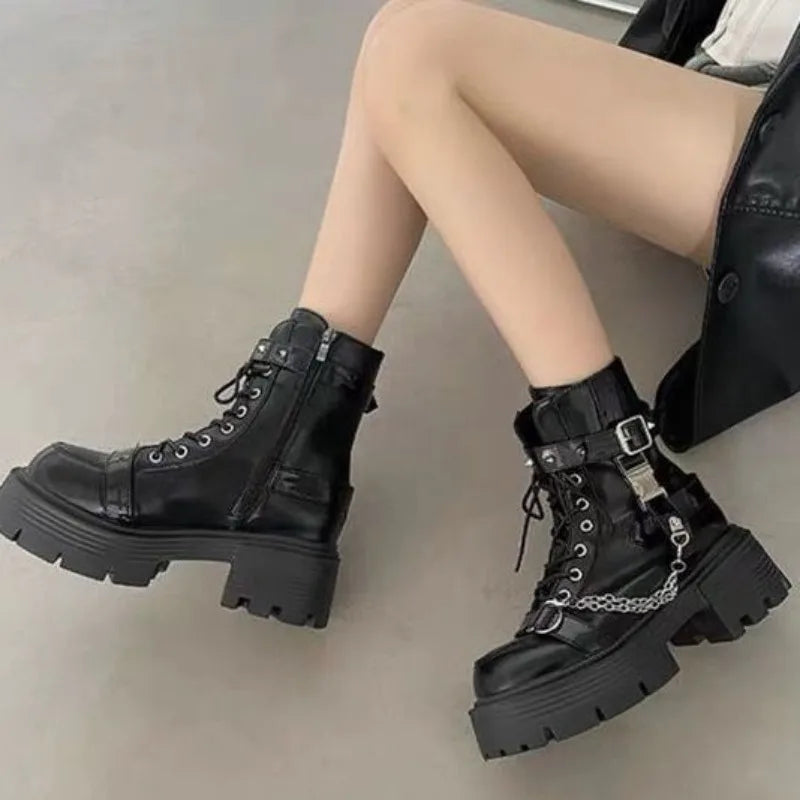 Botas de tobillo para mujer, botas de plataforma góticas de moda, botas cortas británicas, botas de moto para mujer, botas punk con remaches de diseñador, botas