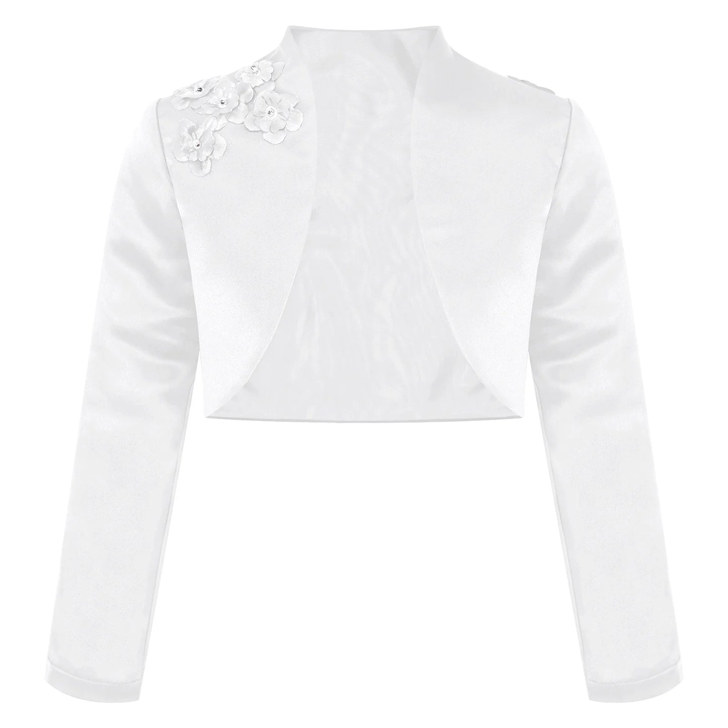 Kids Girls Satin Bolero Jackets Rhinestone Flower Elegant Cardigan Long Sleeve Open Front Shrug Cape Wedding Party Dress Outwear