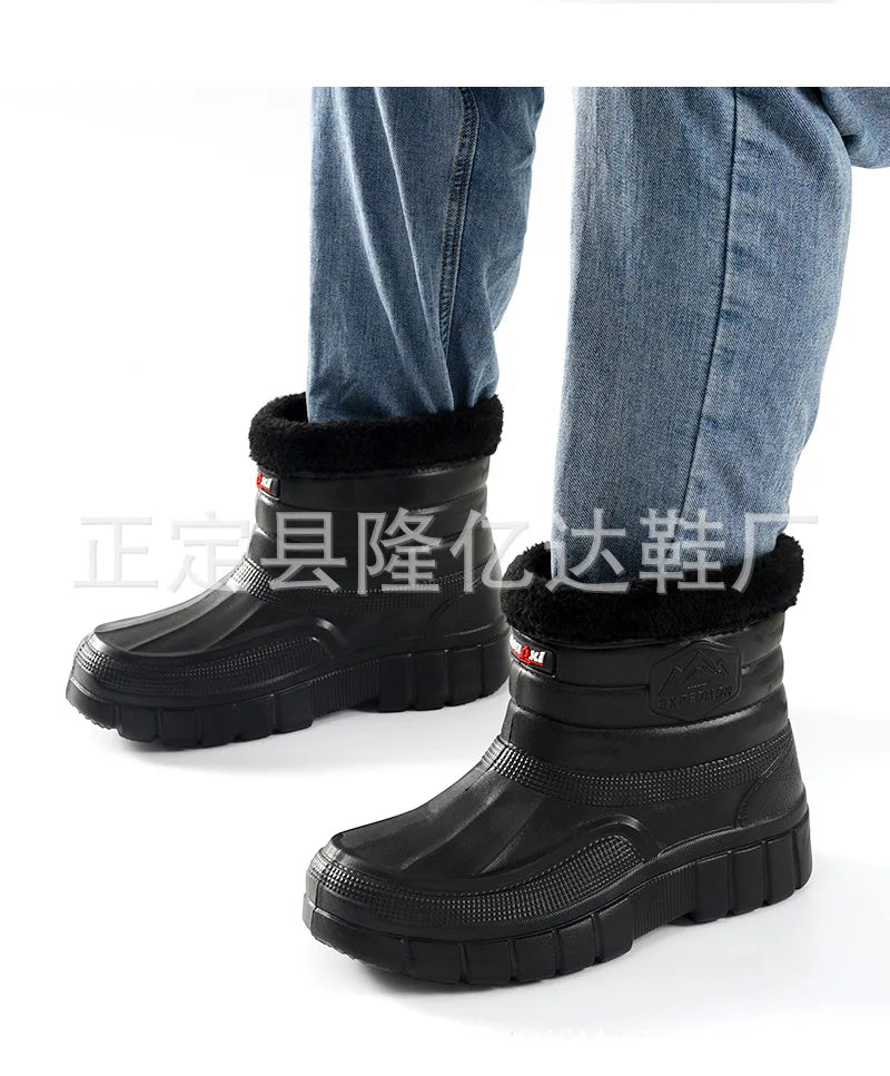 Winter Rain Boots Men Windproof Work Shoes Ankle EVA Rainboots Plush Warm Lightweight Black Slip On Anti-slip Wear-resistant