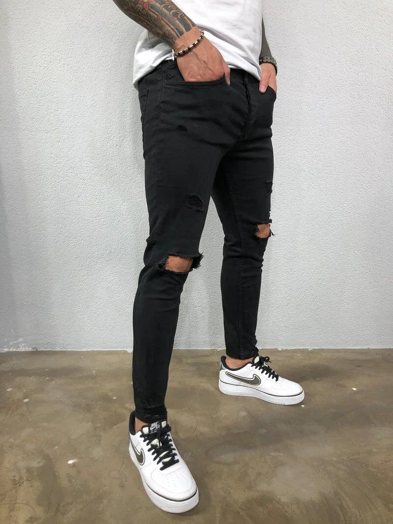 Fashion Street Style Knee Ripped Skinny Jeans Men Vintage Wash Solid Denim Trouser Mens Casual Slim Jogging Pants Men Clothes