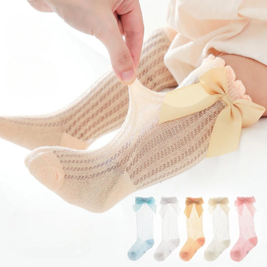 0-2Years Baby Girl Socks with Bow Summer Toddler Baby Cotton Mesh Knee Socks Newborn Infant Non-slip Baby Princess Long Socks