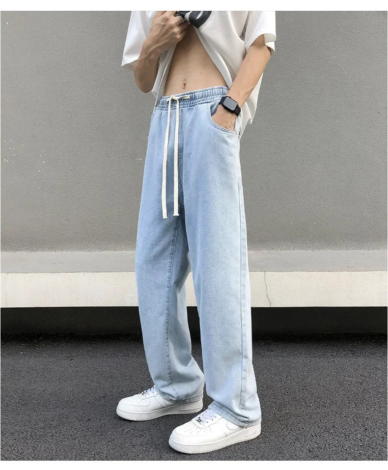Pantalones vaqueros casuales de pierna recta para hombre, primavera, nuevos, holgados, con cintura elástica, estilo americano, pantalones de pierna ancha, recién llegados, moda de calle.