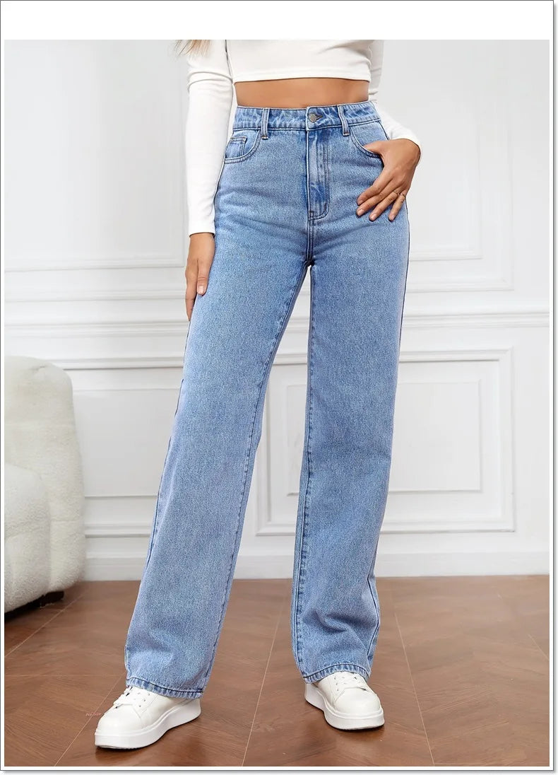 Straight High Waist Jeans Women 2024 New Leg Pockets Basics Ankle Length Pants Y2k Denim Trousers Vintage Blue Washed Jeans
