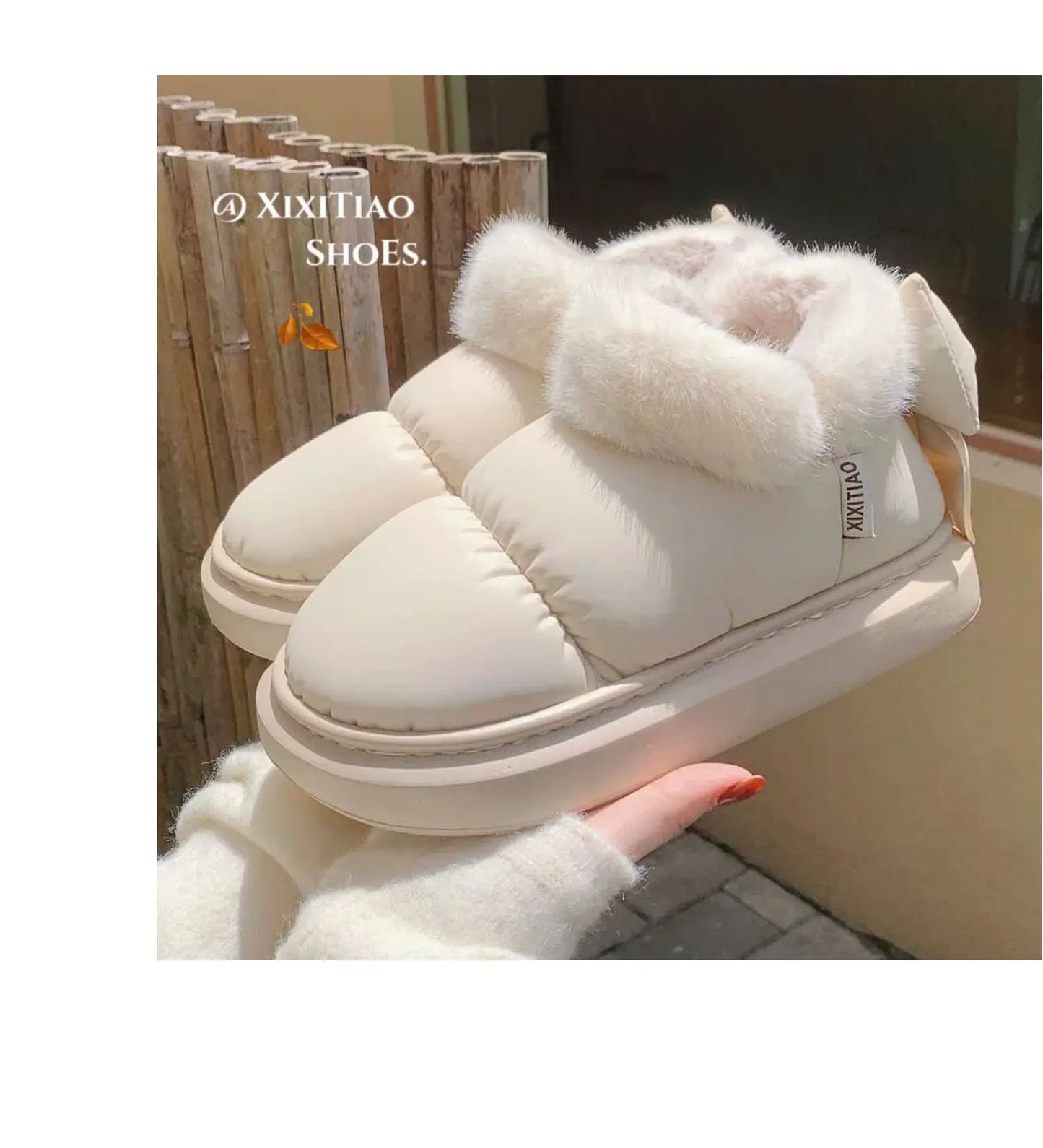 Bow Knot Short Ankle Snow Boots Women Winter Plush And Thick Insulation Waterproof PU Cotton Household Shoes Home Slipper Women