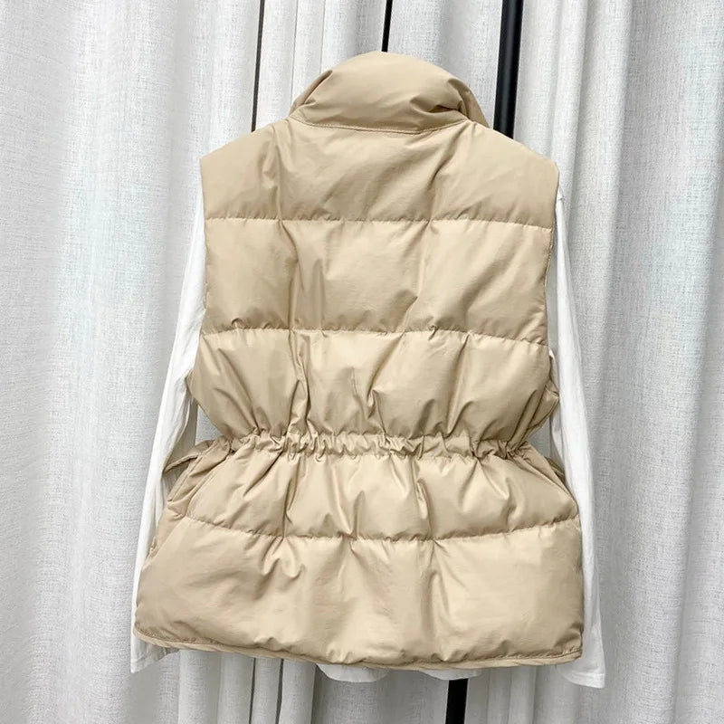Parkas Women Vest Coats Thick Warm Sleeveless Turn Down Collar Drawstring Tight Waist Coat Single Breasted Autumn Winter