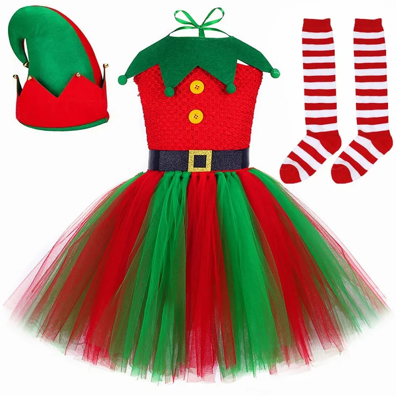 Christmas Elf Costume for Girls Xmas Holiday Party Tulle Dress Up Clothes Toddler Kids Red Green Elf Tutu Princess Dress Outfit
