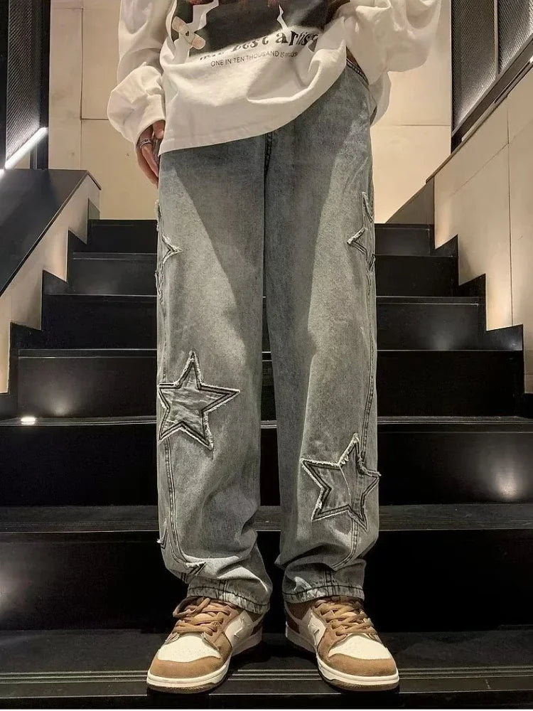 Pantalones vaqueros rectos informales con bordado de estrellas para hombre, estilo gótico, neutros, nuevos, holgados, de pierna ancha, estilo hip-hop, estilo urbano, pantalones vaqueros Y2K para hombre
