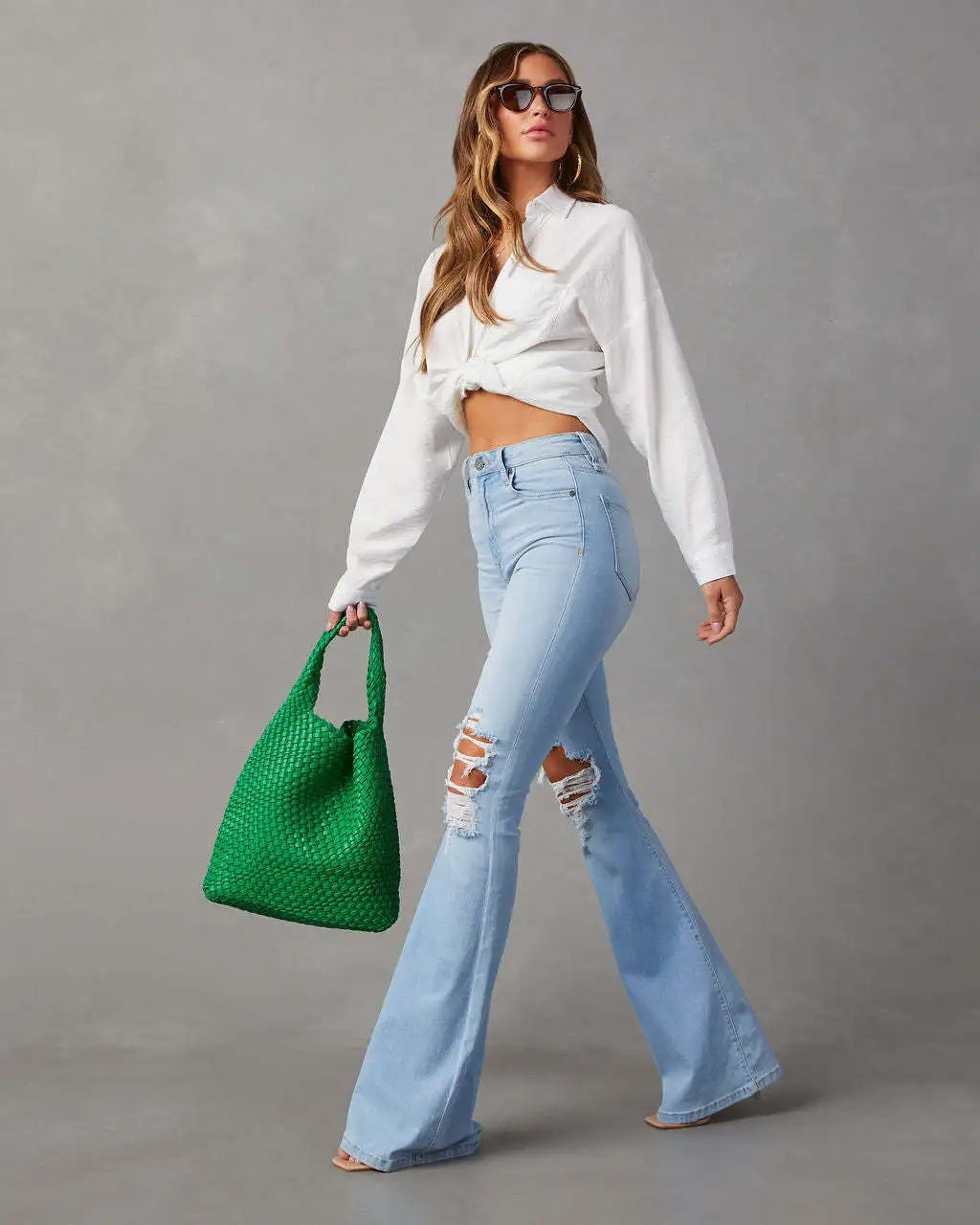 Pantalones vaqueros acampanados para mujer, estilo urbano, holgados, de cintura alta, con bolsillos, agujeros, hasta el tobillo, color liso, con cremallera, primavera 2024