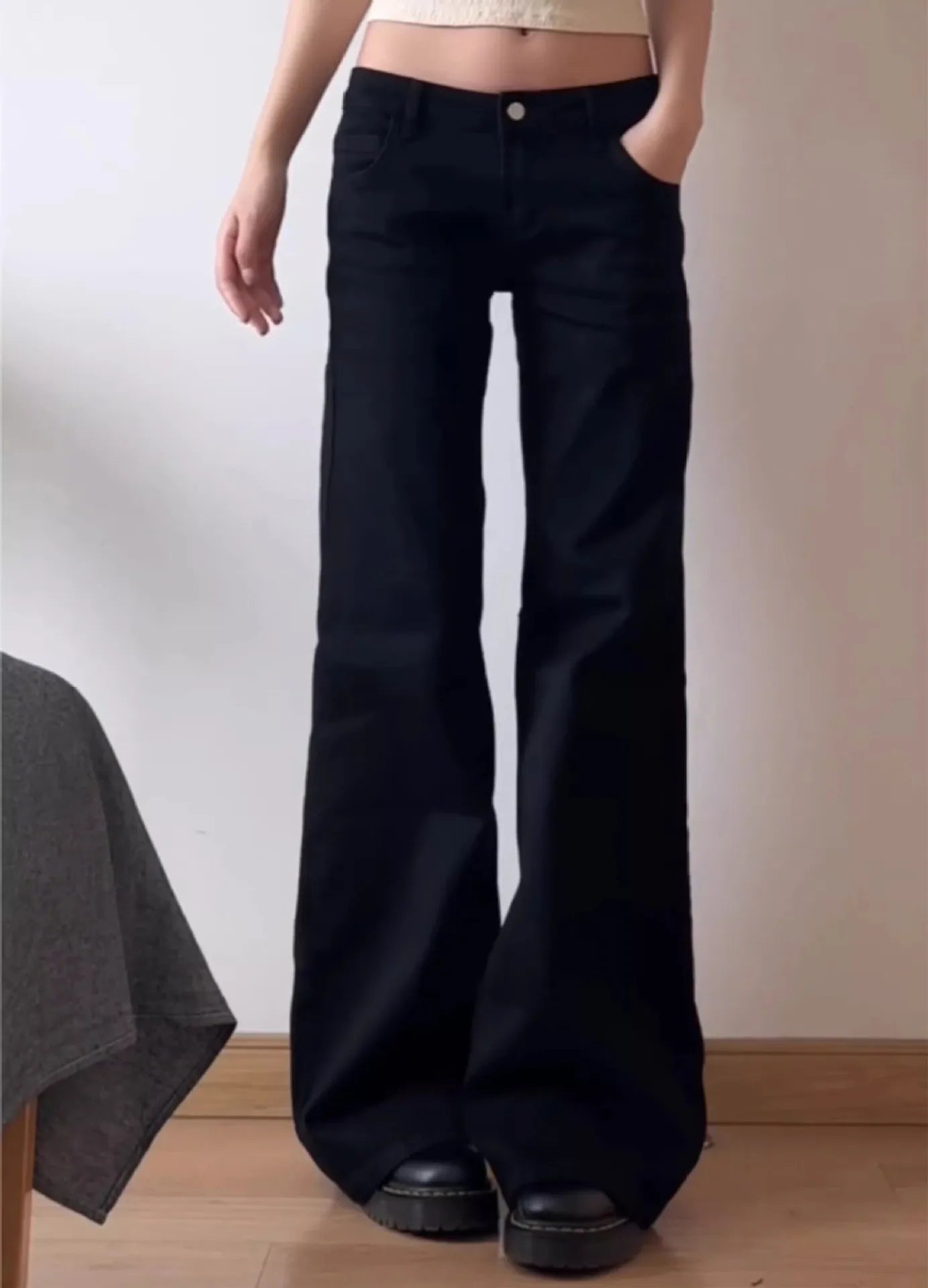 Vaqueros de talla grande estilo americano con cintura baja, anchos y micro acampanados para mujer, corte holgado, versátil y recto, para principios de otoño