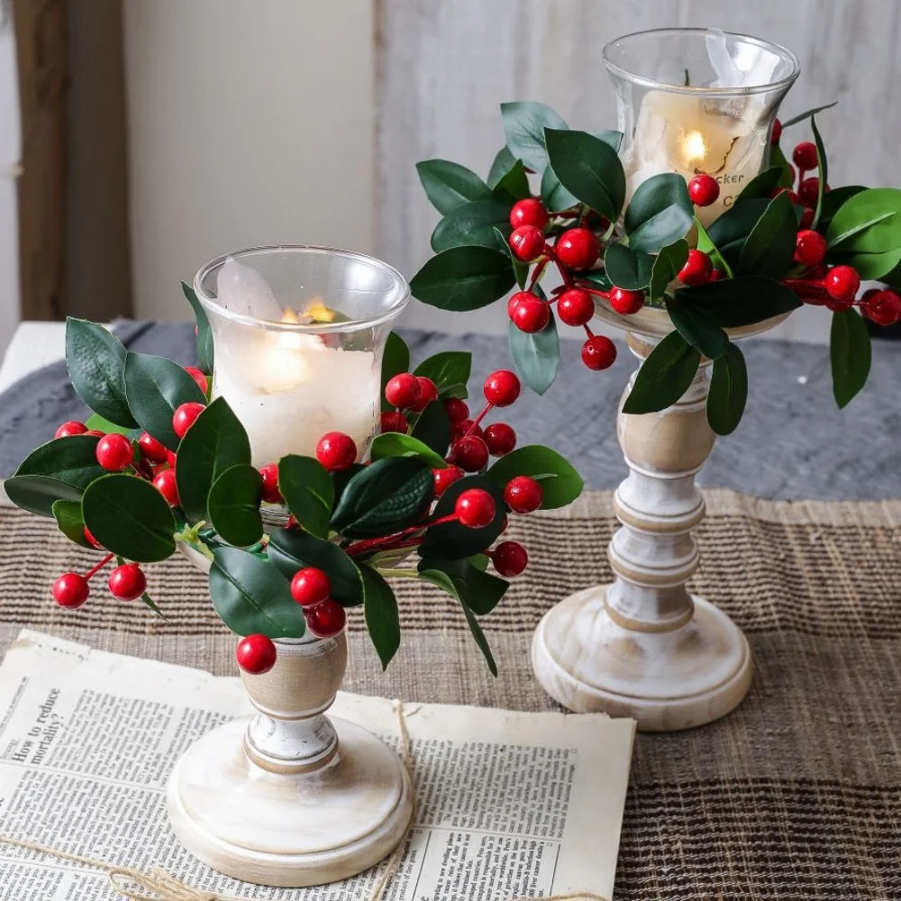 Christmas Wreath Artificial Berries Pinecone Pine Candlestick Wreaths Garland Candle Ring Table Home Party Decoration