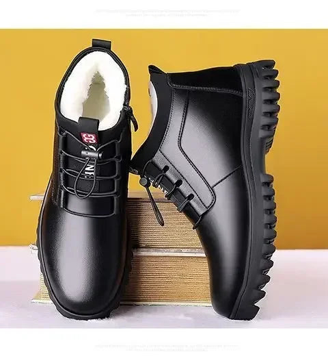 Zapatos de invierno de piel para hombre, de moda, con forro de felpa, cálidos, cómodos, antideslizantes, de algodón, para negocios, para exteriores, informales, botas de nieve, para vacaciones