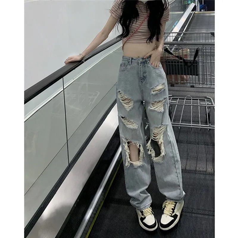 Pantalones vaqueros desgastados de cintura alta para mujer, de primavera y verano, de tubo recto, holgados, de pierna ancha, lavados, de talla grande, 2022