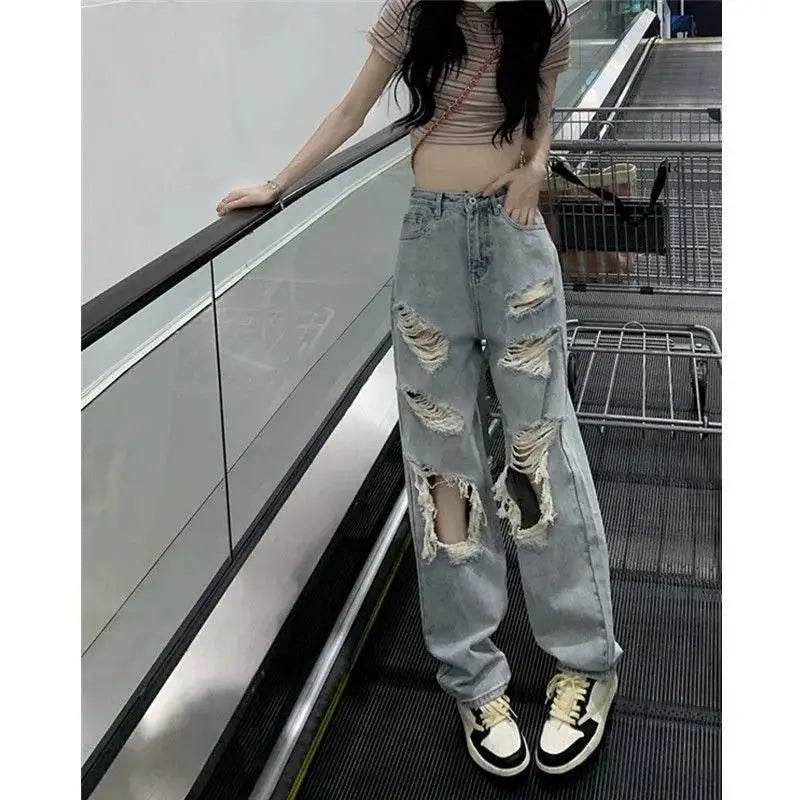 Pantalones vaqueros desgastados de cintura alta para mujer, de primavera y verano, de tubo recto, holgados, de pierna ancha, lavados, de talla grande, 2022