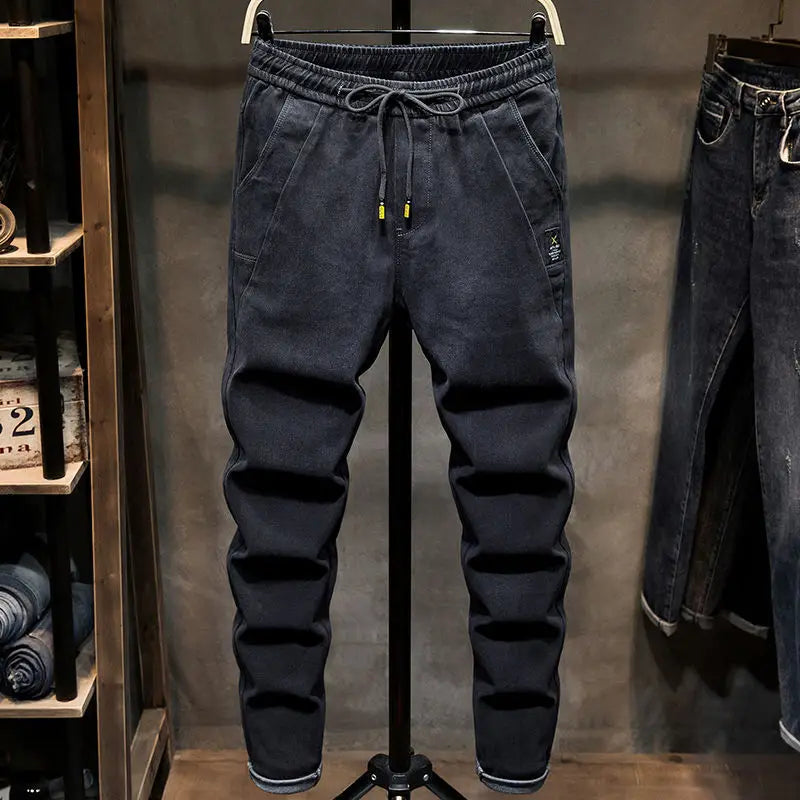 Spring Autumn 2022 New Drawstring Elastic Waist Denim Jeans Men's Slim Feet Pants Korean Fashion Casual Pants Harem Baggy Jeans